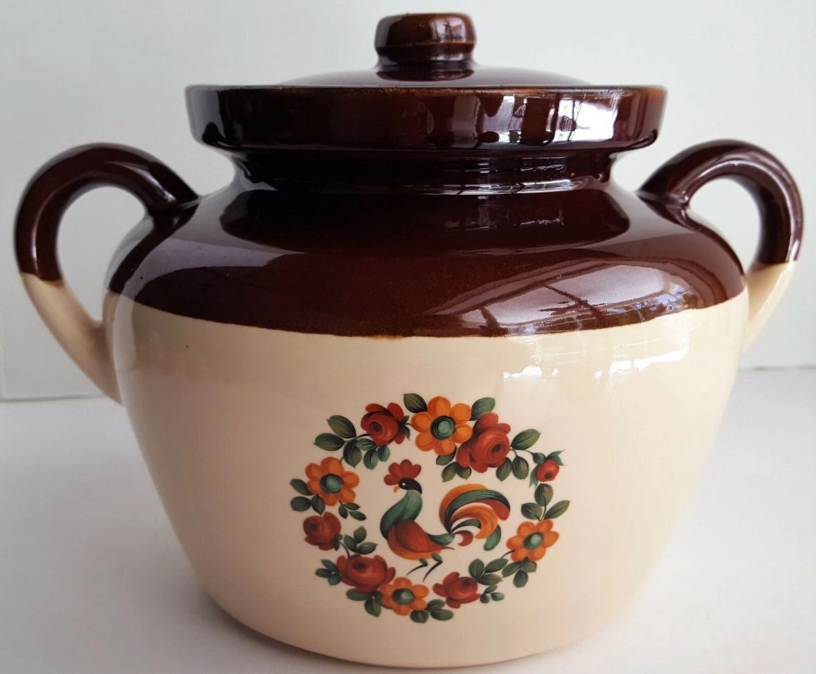 McCoy Pottery Bean Pot, specifically the #342 model, featuring a rooster and floral design.
