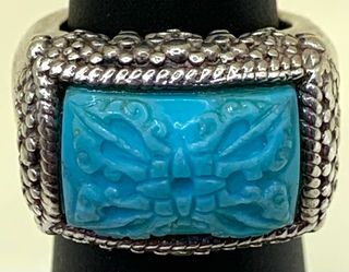 Size 4 Lady’s/Youngster’s 925 Silver Ring, Carved Blue Stone