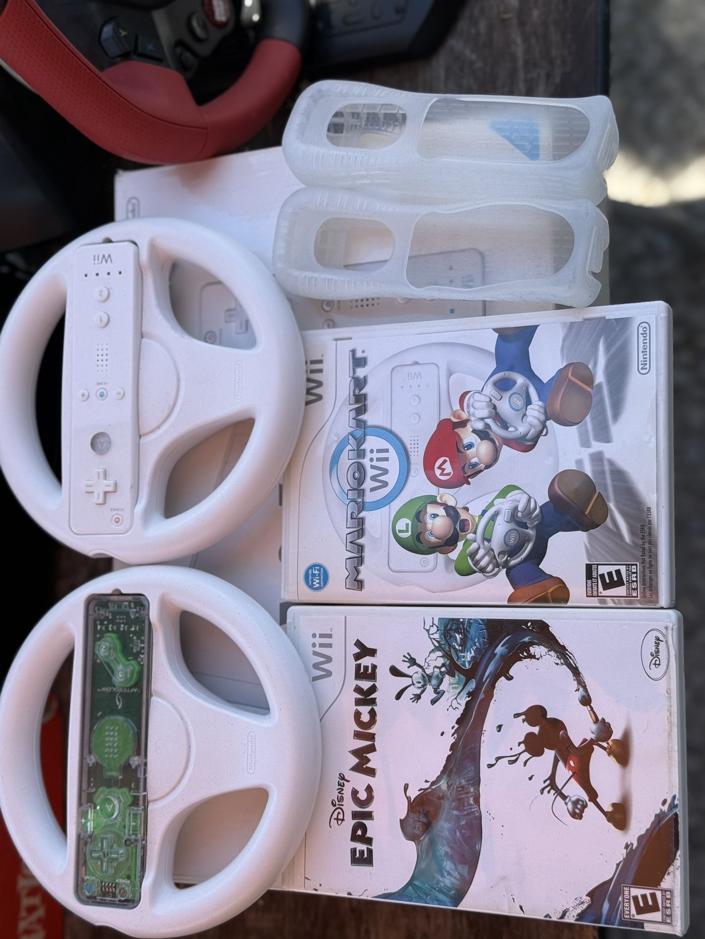 Nintendo Wii Bundle - Mario Kart, Epic Mickey, 2 Controllers W/ Steering Wheels