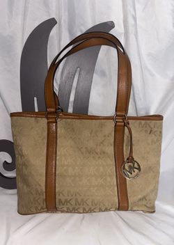 Michael Kors Light Brown Signature Canvas/ Leather Tote Bag.