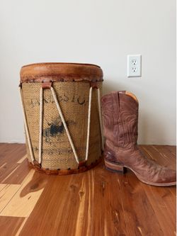 Rustic Western Leather & Burlap Drum Stool / Ottoman $75 OBO