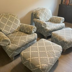 Ethan Allen Rolled Arm Chairs W/ Ottomans