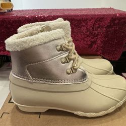 NEW! Sperry Saltwater Metallic Leather Sherpa Collar Duck Boots Ivory 