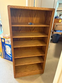 Rustic Oak Wood Five-Shelf Bookcase