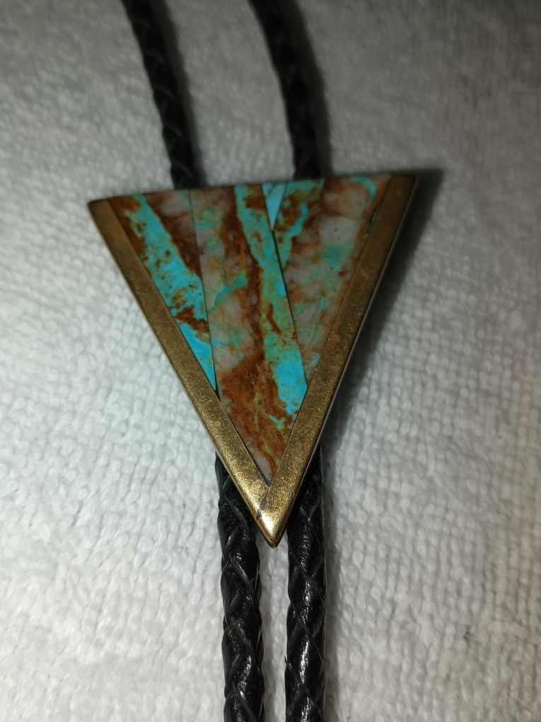 Vintage Turquoise Bolo Tie Mounted In Brass