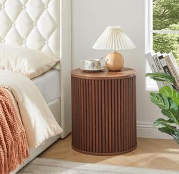 Fluted Round Side Table with Storage, Small Mid Century End Table Fluted Nightstands, Modern Circle Bedside Tables Wood Night Stand for Small Spaces, 