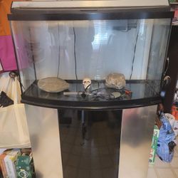 50 Gallon curved aquarium, stand , hood, heater and filter.