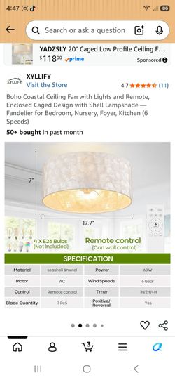 Boho Coastal Ceiling Fan with Lights and Remote, Enclosed Caged Design with Shell Lampshade — Fandelier for Bedroom, Nursery, Foyer, Kitchen (6 Speeds