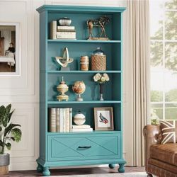 NY085 new in box 6-Shelf Bookcase with Drawer, 71 Inch Tall Floor Standing Bookshelf with Solid Wood Legs, 6-Tier Large Open Display Storage Book Shel