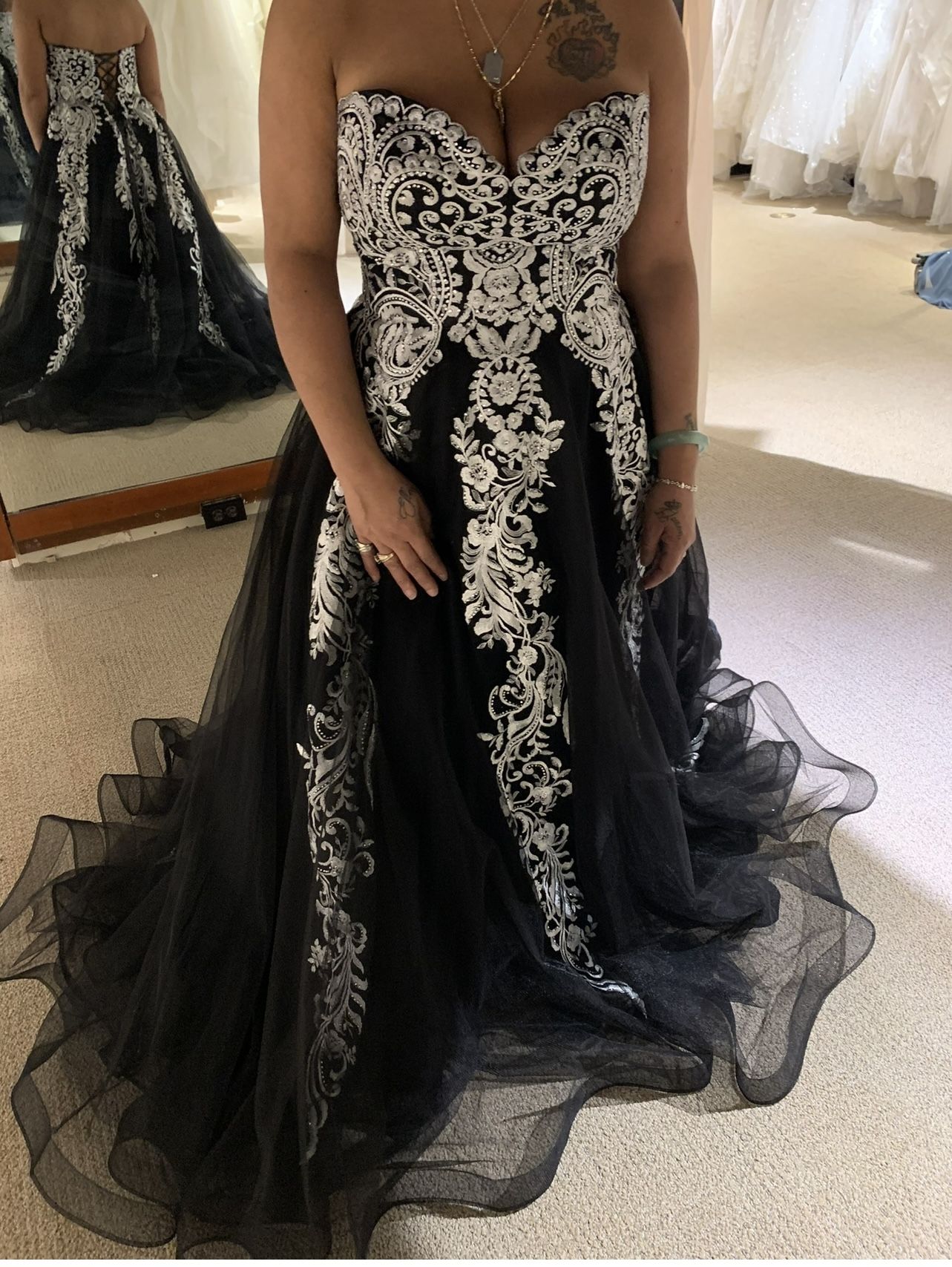 Elegant, black and white embroidered wedding dress