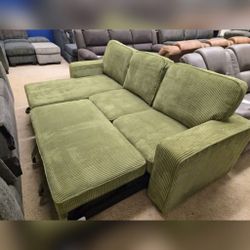 Green corduroy sectional sleeper sofa with pull out bed 