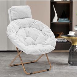 Magshion Round Folding Soft Faux Fur Moon Saucer Chair with Headrest, Large Reading Chair for Bedroom, Living Room & Dorm, Oversized, Metal Frame (Whi