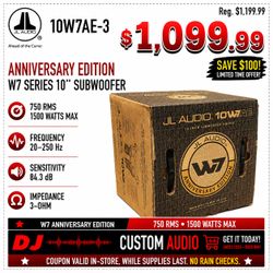 JL Audio W7 Bass Speaker 10" Subwoofer W7AE Series 1500 Watts 10W7AE-3 🚨 Payment Options Available 🚨 No Credit Needed 🚨