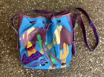 Vintage 1980s Beverly Feldman Southwest Leather & Suede Bucket Handbag Purse