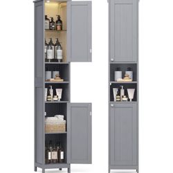 Tall Storage Cabinet with Lights, Slim Freestanding Cabinet with Adjustable Shelves, for Small Spaces, Bathroom, Living Room, Modern, 11.8