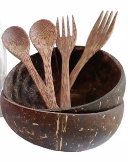 ***2X Coconut Shell Bowl + Spoon + Fork Set***