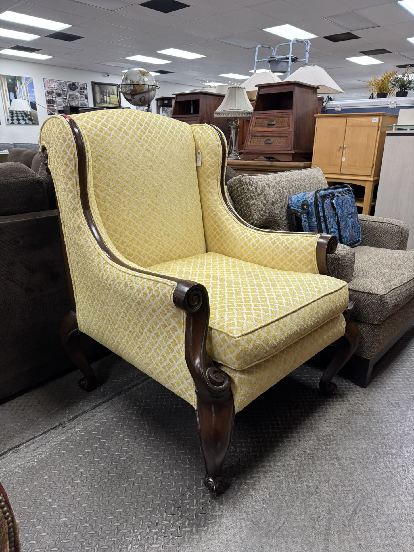 French Upholstered Mahogany Wing Chair