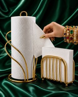 2 PC Unique Fine Art Vintage Deco Style Gold Stainless Steel Paper Towel / Napkin Holder SET Counter Countertop Standing -University Heights HILLCREST