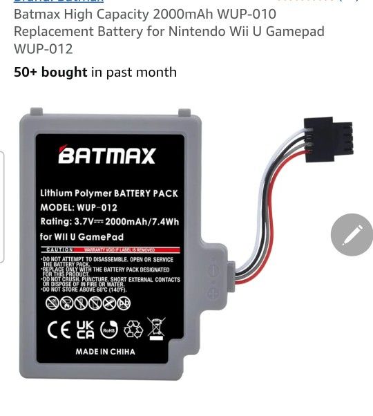 Batmax High Capacity 2000mAh WUP-010 Replacement Battery for Nintendo Wii U Gamepad WUP-012
