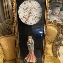 Large Wood And Porcelain Clock With Figurine
