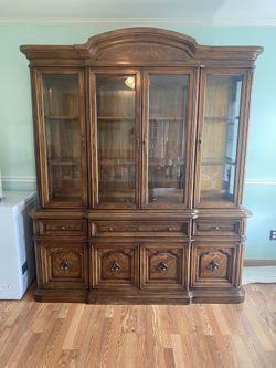 Dining Room. Furniture-Antique Empire Provincial Style Lighted Hutch 