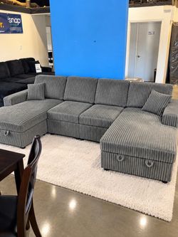 Gray Corduroy Sleeper Sectional w/ Storage & USB