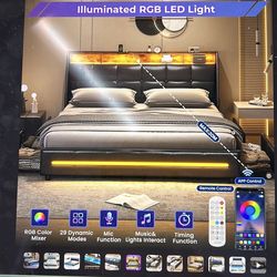 Brand New- LED Upholstered Platform King  Bed Frame with 4 Storage Drawers and Storage Headboard