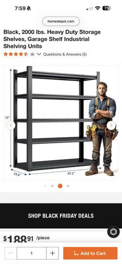 Black, 2000 Ibs. Heavy Duty Storage Shelves, Garage Shelf Industrial Shelving Units