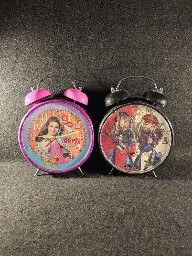 2011 iCarly & Bratz Jumbo Twin Bell Alarm Clocks 12" Tall ⭐️Both-Work⭐️