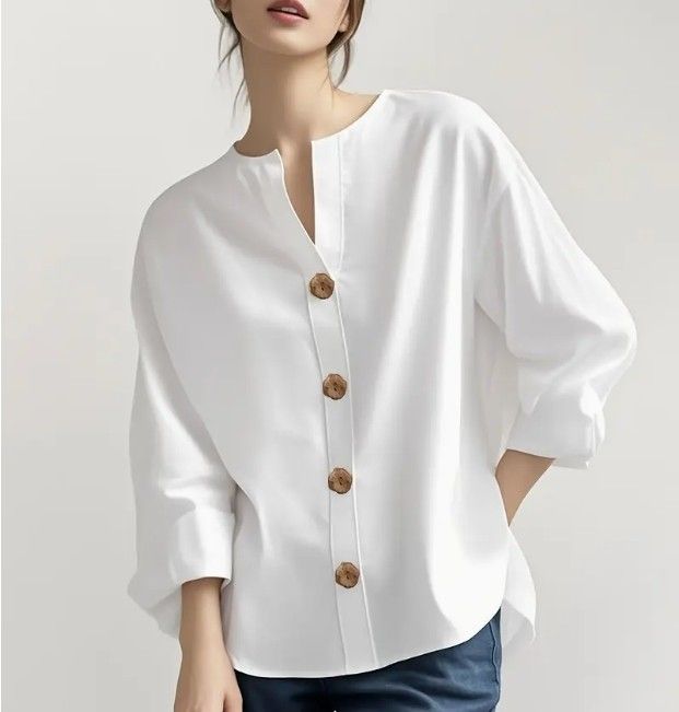 Women'S V-Neck Linen Shirt Top 3/4 Roll-Up Sleeve Summer Casual Loose Solid Blouses Tunic Tops With Button