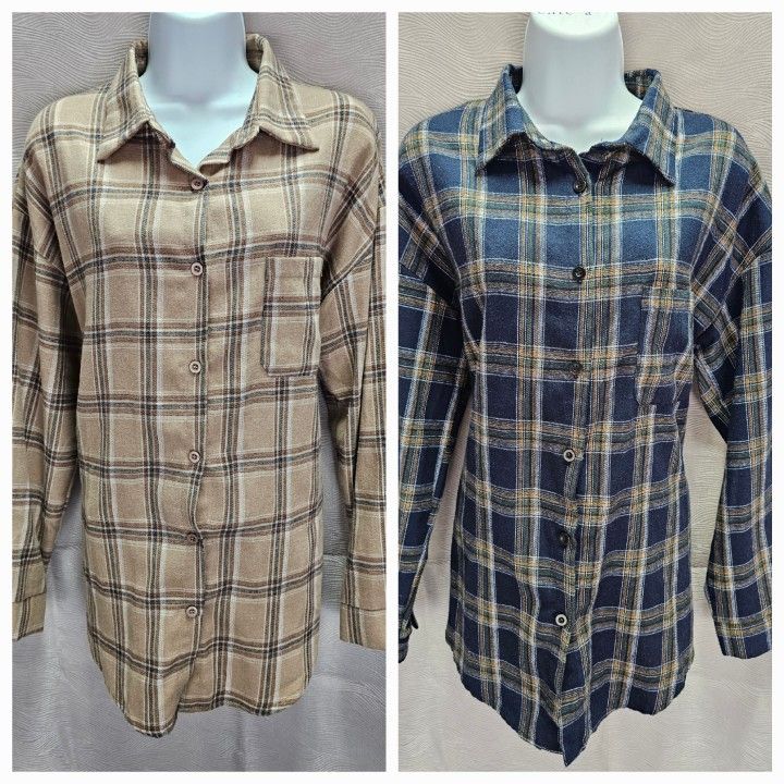 SHEIN Blue And Beige Plaid Button Up Drop Shoulder Shirts.