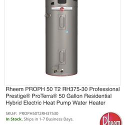 Rheem PROPH 50 T2 RH375-30 Professional Prestige® ProTerra® 50 Gallon Residential Hybrid Electric Heat Pump Water Heater