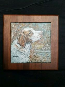 Original Oil Painting Of Hound Dog On Slate Framed In Wood.  8×8" .$150