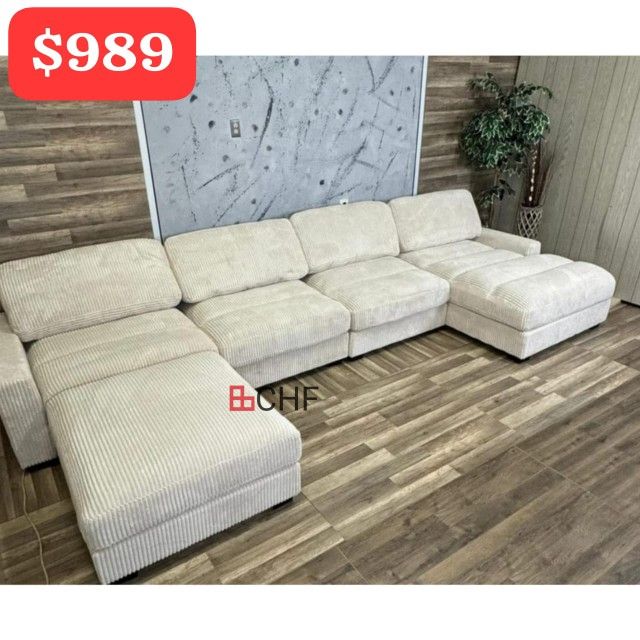 Beige corduroy modular sectional sofa with ottoman - September Sale !