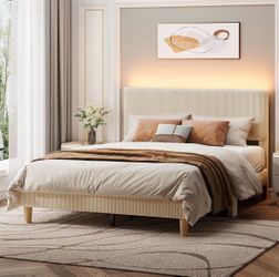 Queen Bed Frame with Headboard,Platform Queen Size Bed Frame with LED Lighting,Bed Frame Wooden Slats Support,No Box Spring Needed,Never Squeaks, Easy
