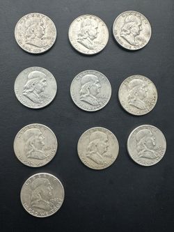 10 circulated U.S. Franklin Half Dollars (90% silver composition)