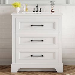 30" Bathroom Vanity with Sink, 1 U-Shaped Drawer & 1 Drawer, White Freestanding Bathroom Vanity, Integrated Ceramic Sink, 2 Soft-Close Drawers, Transi