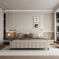 New Modern Queen Upholstered Wingback Bed w/ Storage Headboard & Charging Station – Queen – New  New in box ZE01-Q Clean-lined designed Upholstered be