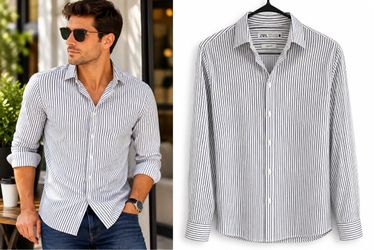 ZARA Men’s Slim Fit White Black Striped Long Sleeve Button Up Shirt Size M