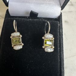 925 Sterling Silver With Gold Wash, Emerald Cut Peridot And Genuine Fresh Water Pearls Earrings