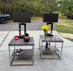 Matching Stevie Silver Lucia End Tables with Driftwood Color Top and Sleek Chrome Frame - 2/$130