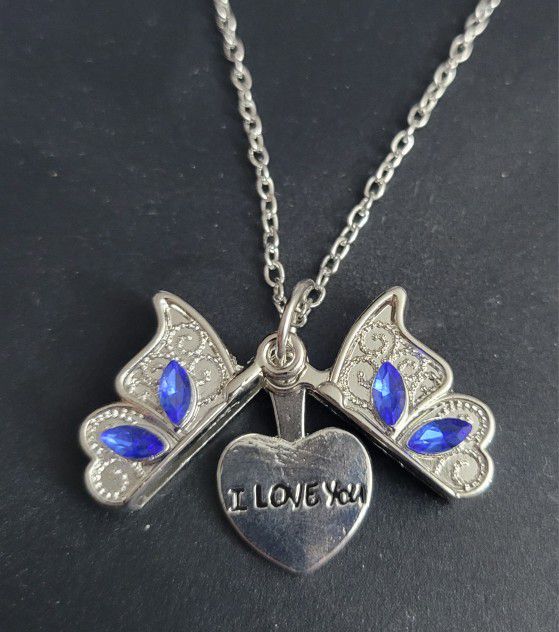 Butterfly Pendant Necklace Blue Gems Silvery, Butterfly Opens Up  Love You