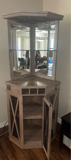 Corner Bar with Built-in Wine Rack and Mesh Lower Cabinet (Stone Gray)