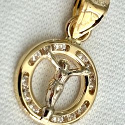 14K Solid Gold Disc Crucifix , Cubic Zirconiums Pendant