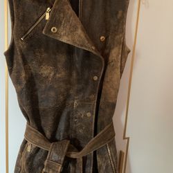 Michael Kors distressed brown leather trench coat vest Dress. Medium 