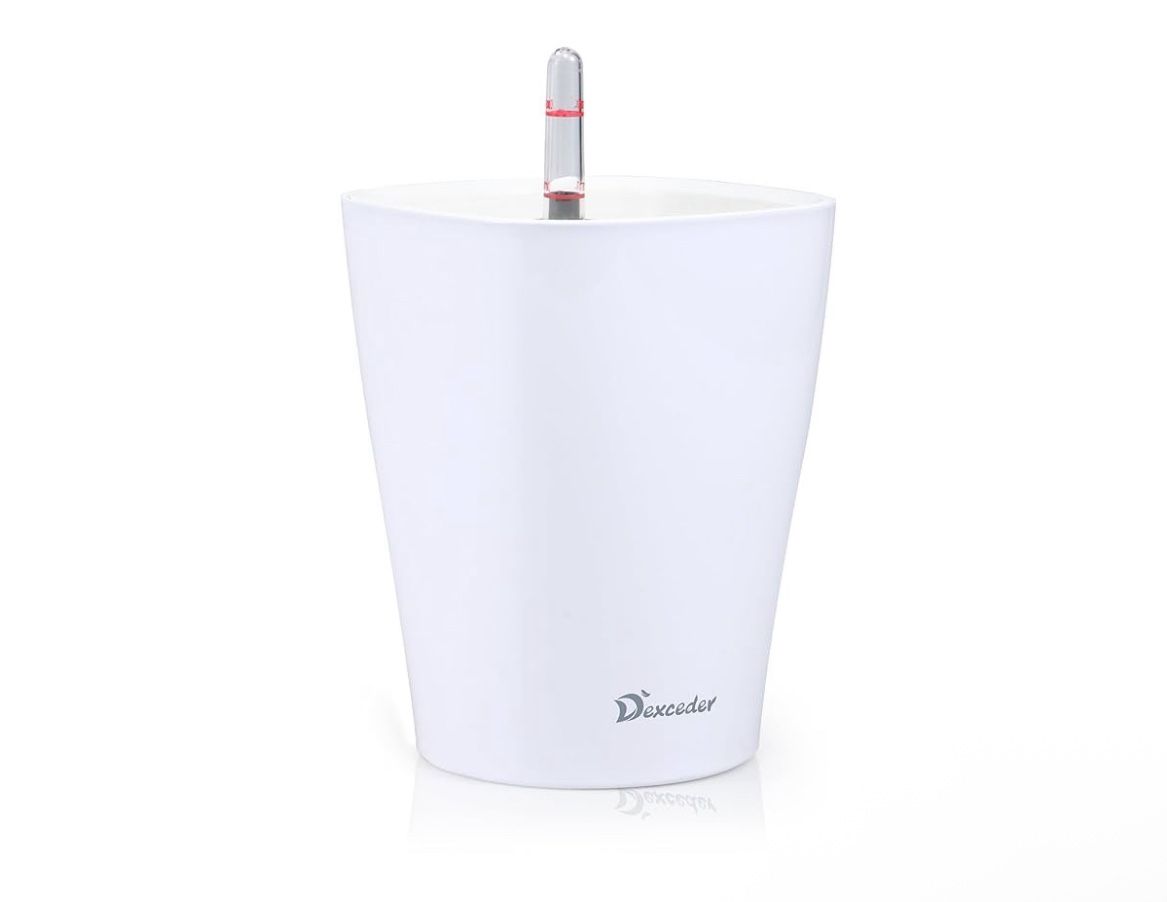 Dexceder 6x7 Self Watering Planter Indoor Outdoor, High Gloss Table Flower Plant Pot with Water Level Indicator (White)