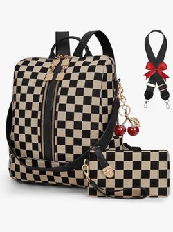 Women's Black & Tan Canvas Checkered Laptop Backpack Purse, NEW