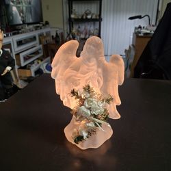 Vintage Lighted Solid Brushed Glass Angel Playing A Mandolin W/Beautiful White Flowers Weighs 3 LBS 2 OZ 8.5:H X 5.5"W