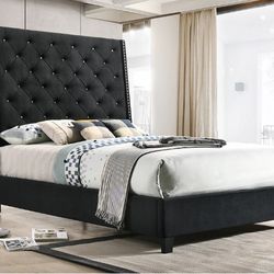 King Size Bed Frame Mattress Included   ✅   Black Upholstery Bed Frame   ✅  New Bed Frame In A Box.   ✅   Cama King Size  Colchon Incluido  Color Negr