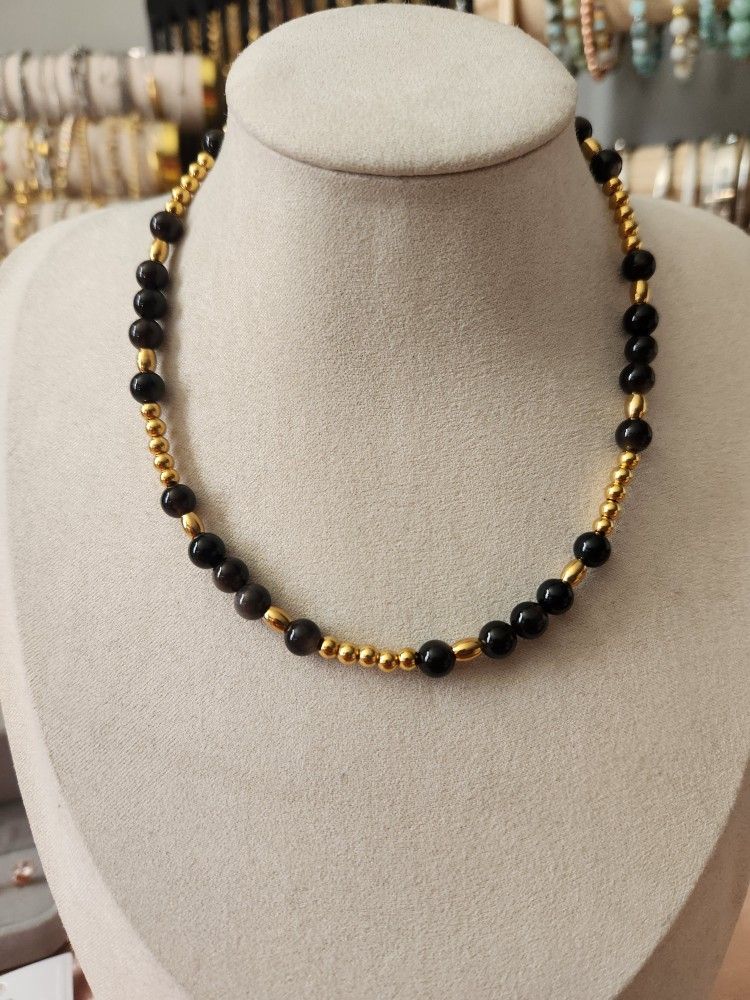 New Handmade Black Silver Obsidian Choker Necklace